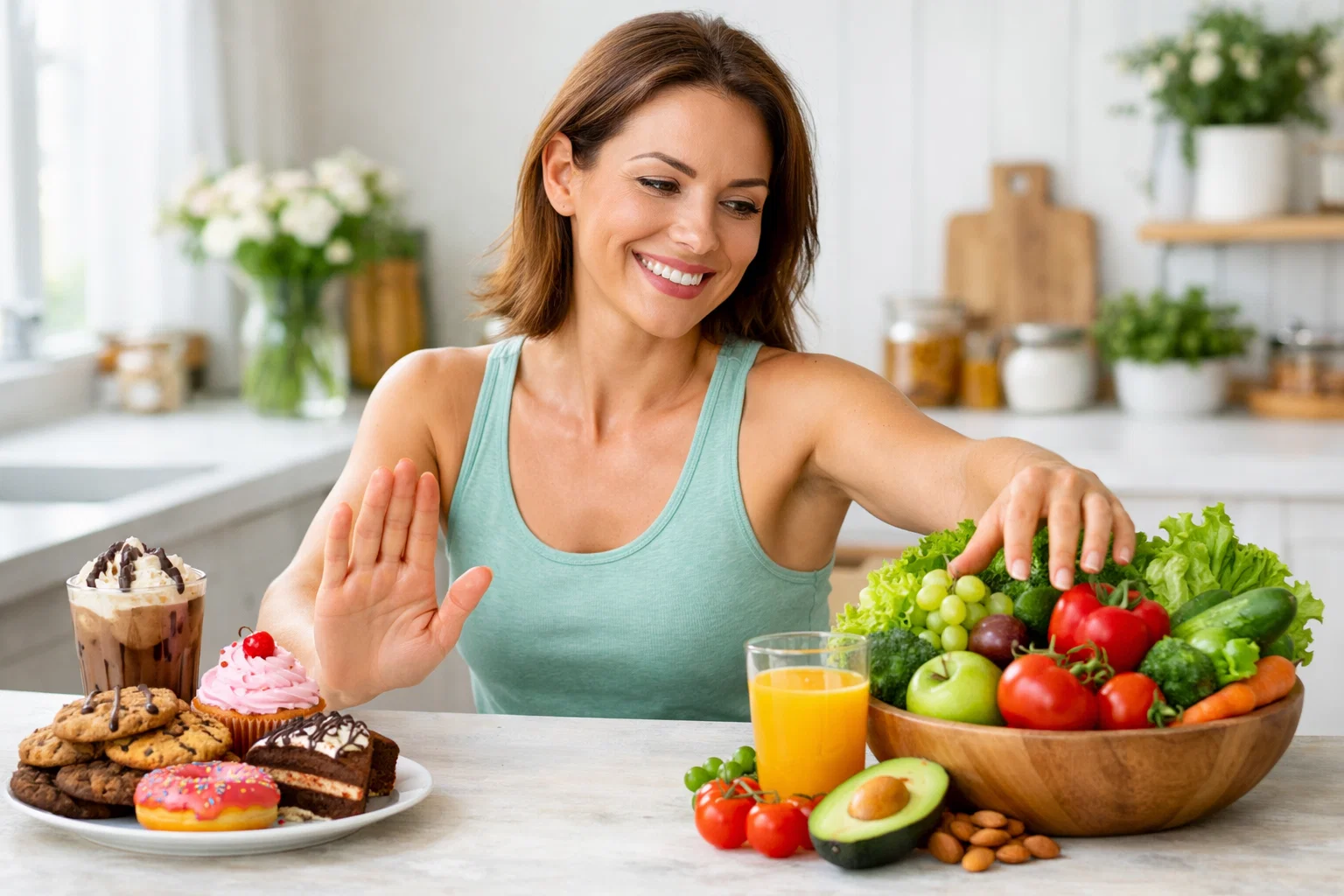 healthy woman refusing sweet desserts and choosing fresh fruits and vegetables instead, bright natural kitchen setting, healthy lifestyle concept