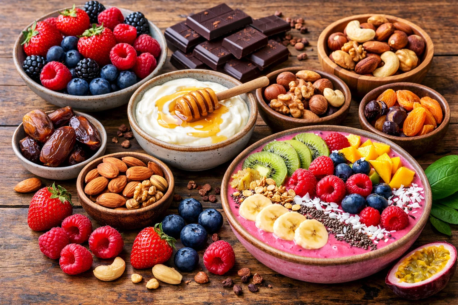colorful array of healthy sweet alternatives including berries, dark chocolate, Greek yogurt with honey, nuts and fresh fruit smoothie bowl